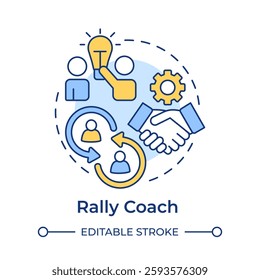 Rally coach multi color concept icon. Guide, support. Cooperation, collaboration. Round shape line illustration. Abstract idea. Graphic design. Easy to use in infographic, presentation