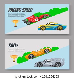 Rally and karting racing speed cars vector illustration two banners set. Race sport pictures of speed fast karting automobiles and rally with winner golden goblet and text.