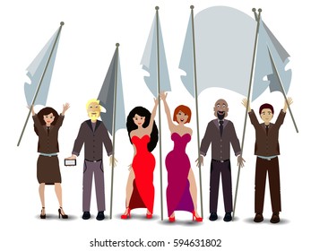 rally. people with flags. illustration. use a smart phone, website, printing decorating etc 