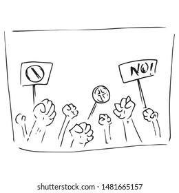 Rally of people. Protest. A crowd of disgruntled people. Fists raised up. Prohibitory banners. Vector illustration. Simple hand drawn icon.