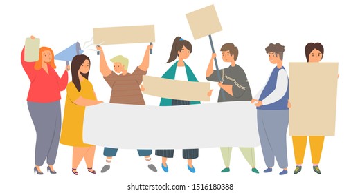 Rally, picket and protest flat vector illustration. Men and women defend their rights, demonstrate, workers salary protest concept. Group of people holding banners, transporants, flags and placards.