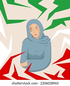 Rally and protest in iran 2022. Women's freedom in Iran. Vector isolated illustration. A girl in a blue hijab under the pressure of the Iranian flag
