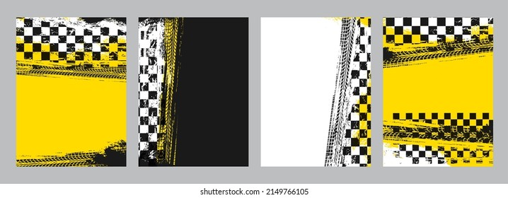 Rally racing sport grunge background, vector checkered flag and tire tracks road race pattern. Racing car or speed auto wheel tyre tread dirty marks or tracks with start or finish racing flags
