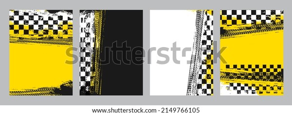 Rally racing sport grunge background, vector
checkered flag and tire tracks road race pattern. Racing car or
speed auto wheel tyre tread dirty marks or tracks with start or
finish racing flags