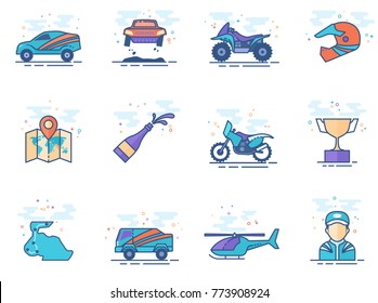 Rally related icons in flat color style. Vector illustration.