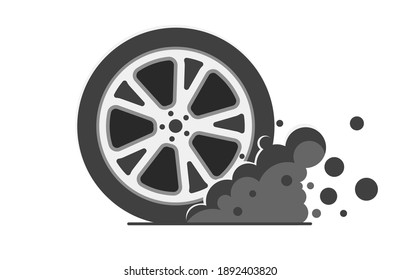 Rally sport car wheel tire with smoke vector icon. Simple flat cartoon Vector illustration. Automobile Wheel high-speed motion.