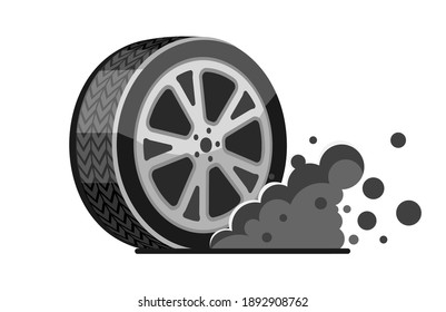 Rally Sport Car Wheel Tire With Smoke Vector Icon. Simple Flat 3d Cartoon Vector Illustration. Automobile Wheel High-speed Motion.