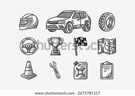 Rally sport gears engraved element design pack. Offroad kit hand drawn icon set. Full face helmet, Rally car, Tire, Steering, Trophy, Flag, Map, Cone, Wrench, Fuel, Checker . Vector Illustration