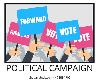 Rally support for the election of the candidate. Election campaign. voters support, people with placards. Vector illustration.
