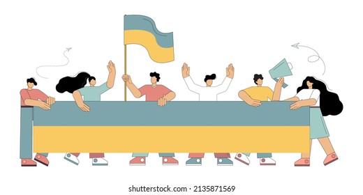  Rally in support of Ukraine. Group of people with flags of Ukraine. Vector illustration isolated on white background.