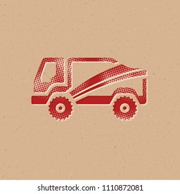 Rally truck icon in halftone style. Grunge background vector illustration.