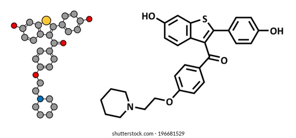 Raloxifene osteoporosis drug, chemical structure. Used in treatment and prevention of osteoporosis in postmenopausal women. Also used to reduce risk of breast cancer in postmenopausal women. 
