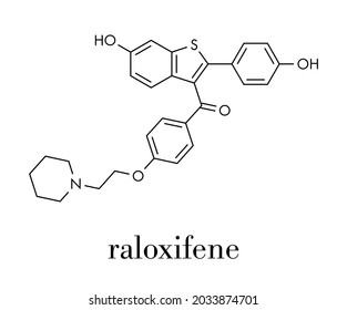 Raloxifene osteoporosis drug molecule. Used in treatment and prevention of osteoporosis in postmenopausal women. Also used to reduce risk of breast cancer in postmenopausal women. Skeletal formula.