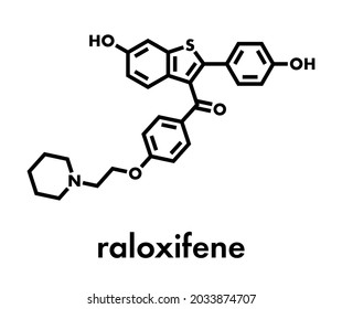 Raloxifene osteoporosis drug molecule. Used in treatment and prevention of osteoporosis in postmenopausal women. Also used to reduce risk of breast cancer in postmenopausal women. Skeletal formula.