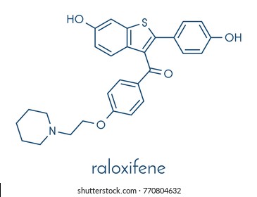 Raloxifene osteoporosis drug molecule. Used in treatment and prevention of osteoporosis in postmenopausal women. Also used to reduce risk of breast cancer in postmenopausal women. Skeletal formula.