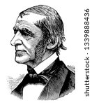 Ralph Waldo Emerson 1803 to 1882 he was an American essayist lecturer and poet who led the transcendentalist movement of the mid to 19th century vintage line drawing or engraving illustration