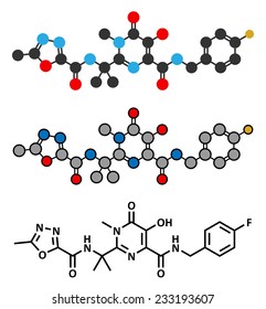 Raltegravir HIV drug (integrase inhibitor class) molecule. Conventional skeletal formula and stylized representations. 