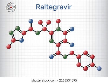 Raltegravir, RAL molecule. It is antiretroviral medication, used to treat HIV, AIDS. Structural chemical formula and molecule model. Sheet of paper in a cage.Vector illustration