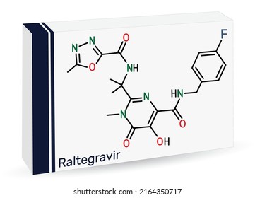 Raltegravir, RAL molecule. It is antiretroviral medication, used to treat HIV, AIDS. Skeletal chemical formula. Paper packaging for drugs. Vector illustration