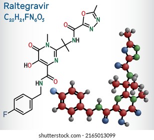 Raltegravir, RAL molecule. It is antiretroviral medication, used to treat HIV, AIDS. Structural chemical formula and molecule model. Vector illustration