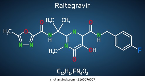 Raltegravir, RAL molecule. It is antiretroviral medication, used to treat HIV, AIDS. Structural chemical formula on the dark blue background. Vector illustration