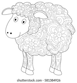 Ram animal coloring book for adults vector illustration. Anti-stress coloring for adult herbivorous. Zentangle style. Black and white lines. Lace pattern lamb