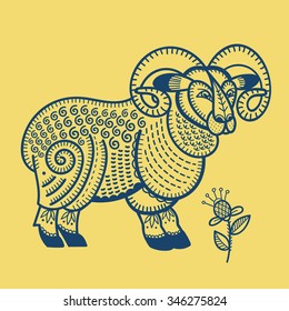 Ram animal. Sheep totem. Animal. Vector art. Lubok. Ornamental decorative symbol.
