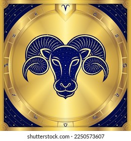 Letrero Zodiac Ram Aries, Meander Golden Griego Clásico De Lujo, Signo Estelar Estelar, Astrología de Horóscopo Teleo de Fortuna y Predicción Futura, Ilustración de Diseño Vector de Icono de Insignia de Elemento.