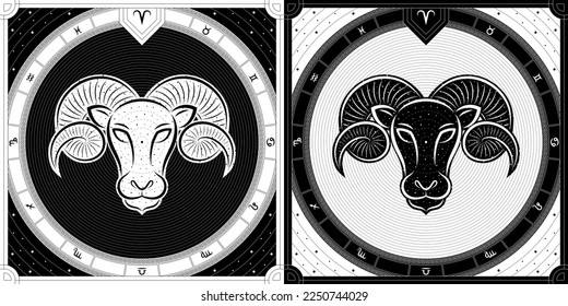 Ram Aries Zodiac Sign, Classic Greek Meander Black-White Silhouette, Stellar Star Sign, Horoscope Astrology Fortune-Telling and Future Prediction, Badge Icon Vector Design Illustration.