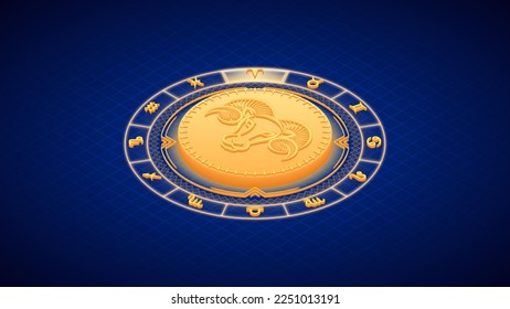Ram Aries Zodiac Symbol, Wheel of Twelve-Sign, Neon Glow Isometric Bas-Relief Sculpture, Horoscope and Astrology Element for Fortune-Telling, Lattice Grid Backdrop Background.