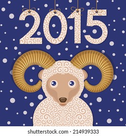Ram  and blue background.  New year greeting card. Sheep symbol of New year 2015. Colorful vector illustration.