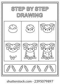 Ram. Book page, drawing step by step. Black and white vector coloring page.