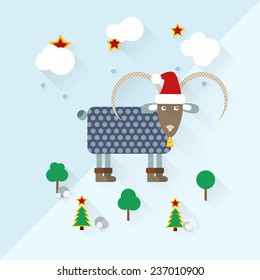 Ram in christmas hat and bell over blue background, with christmas trees with star and snowfalls