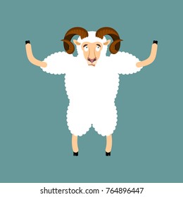 Ram confused emotions. Sheep is perplexed. Farm animal surprise. Vector illustration