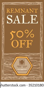 RAM and cooler remnant sale, wood texture. 50 percent off. Vector retro flyer template. Vintage style, brown colors. Hand drawn, pen and ink. Design element for flyer, banner, advertisement, promotion