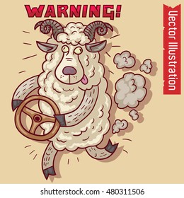 Ram driving cars. Funny vector sticker.