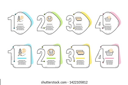 Ram, Face detect and Bitcoin project icons simple set. Add purchase sign. Random-access memory, Select target, Cryptocurrency startup. Shopping order. Business set. Infographic timeline. Line ram icon