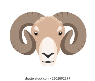 Ram face icon. Farm animal. Wool production. Male sheep head isolated on white background. Vector flat or cartoon illustration.