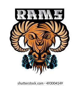 Ram face in profile with steam from the nostrils isolated on white. Logo for any sport team or championship