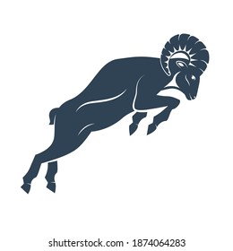 A ram in fighting stance with a large horn jump. Side view. Zodiac astrology symbol of the sheep. Aries illustration vector flat design. Silhuette of a goat's head  as a mascot of fortune and sport