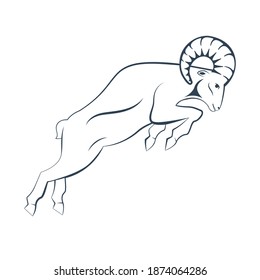 A ram in fighting stance with a large horn jump. Side view. Zodiac astrology symbol of the sheep. Aries illustration vector flat design. Silhuette of a goat's head  as a mascot of fortune and sport