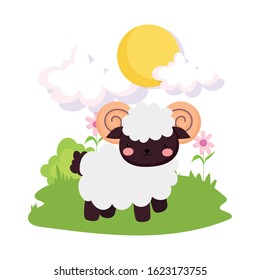ram flowers meadow sun farm animal cartoon vector illustration