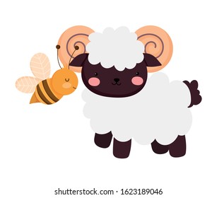 ram and fyling bee farm animal cartoon vector illustration