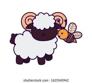 ram and fyling bee farm animal cartoon vector illustration