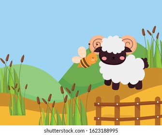 ram and fyling bee fence foliage grass farm animal cartoon vector illustration