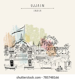 Ram Ghat in the holy city of Ujjain, Madha Pradesh, India. Place for Shipra Aarti ceremony. Artistic travel sketch. Vintage hand drawn postcard in vector