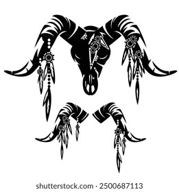 ram or goat en face skull with horns decorated with tribal style feathers - black and white vector shaman design set