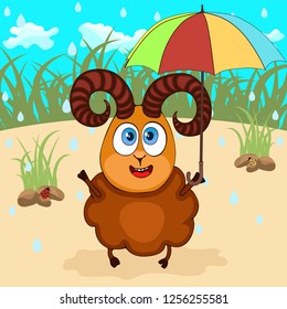 Ram hand drawing, cartoon character, vector illustration, caricature. Colorful painted cute funny lamb with umbrella sheltering from the rain against the background of grass meadow and blue sky