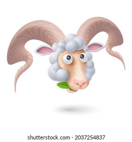 Ram Head with Curls and Big Horns is Eating Green Leaf. Funny Sheep or Ram on White Background. Silhouette of the Sheep. Cartoon Illustration for Funny Animals for Kids Book