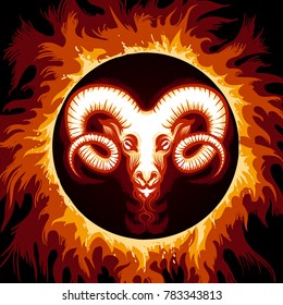 Ram head in Flame. Zodiac symbol Aries on fire background. Vector illustration.